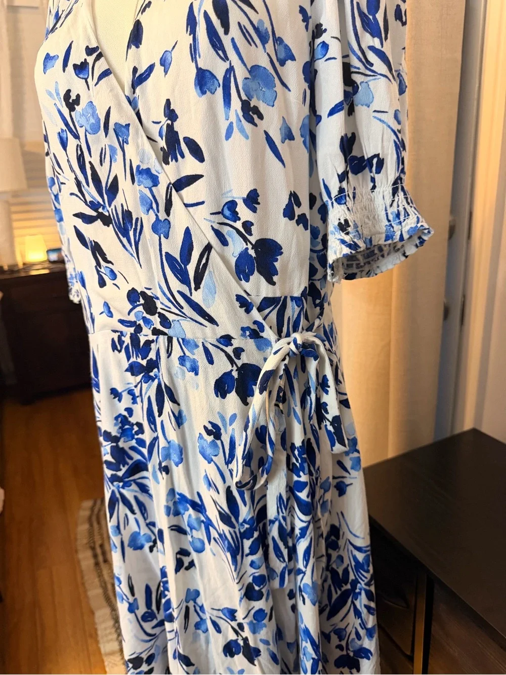 Banana Republic Blue and White Floral Wrap Midi Dress with Side Tie